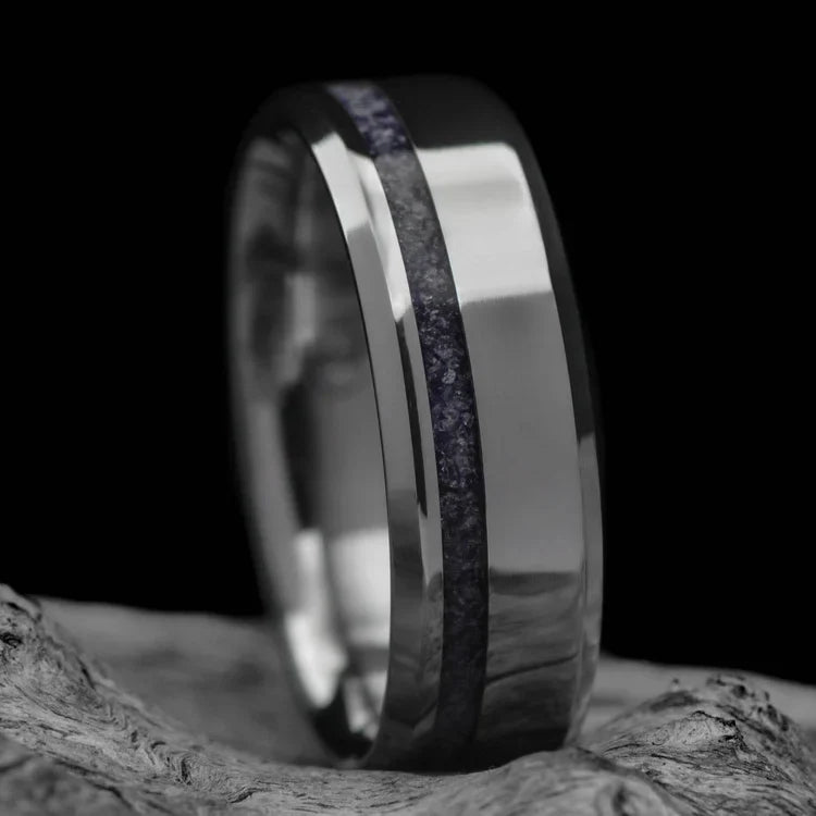 Titanium wedding band with amethyst inlay on white sea branch, 7mm mens polished bevel profile, unique design, free engraving available