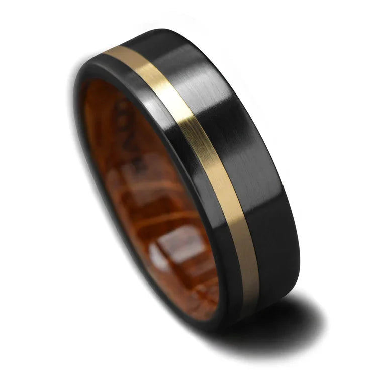 Black Titanium Wedding Band with 10K Yellow Gold and Whiskey Barrel Oak Inlay, 7mm Mens Ring on White Background, Unique Design, Free Engraving Available