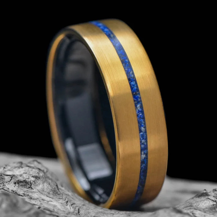 22KY gold wedding band with lapis lazuli inlay and African blackwood sleeve, 7mm mens ring, unique mens wedding ring on white sea branch, free engraving available