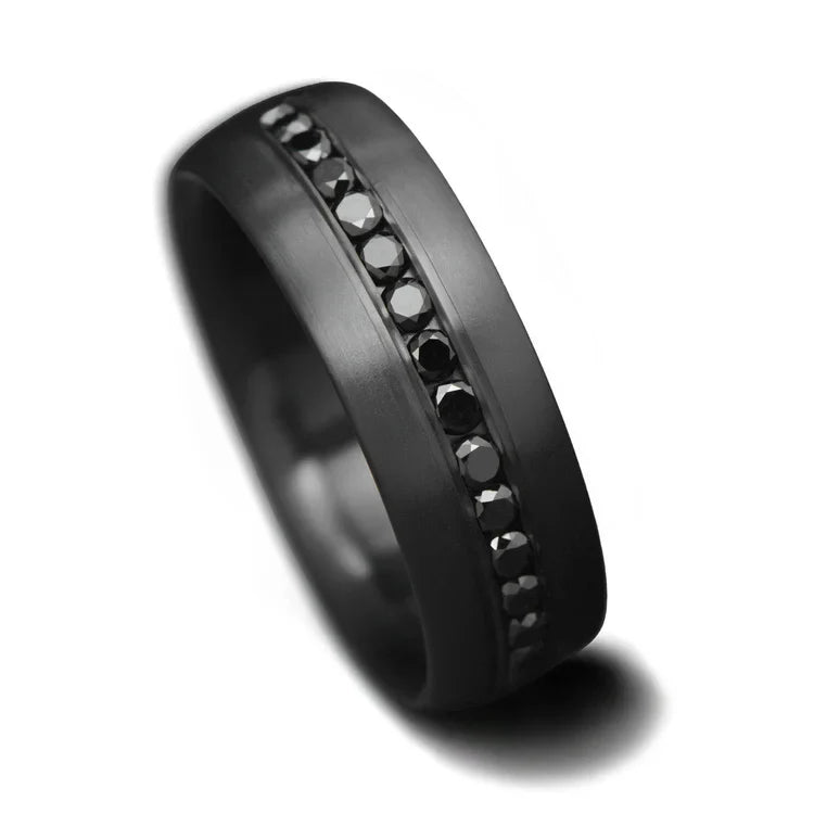 Zirconium wedding band with eternity set precious stones, 8mm mens ring, brushed domed profile, free engraving, on white background.