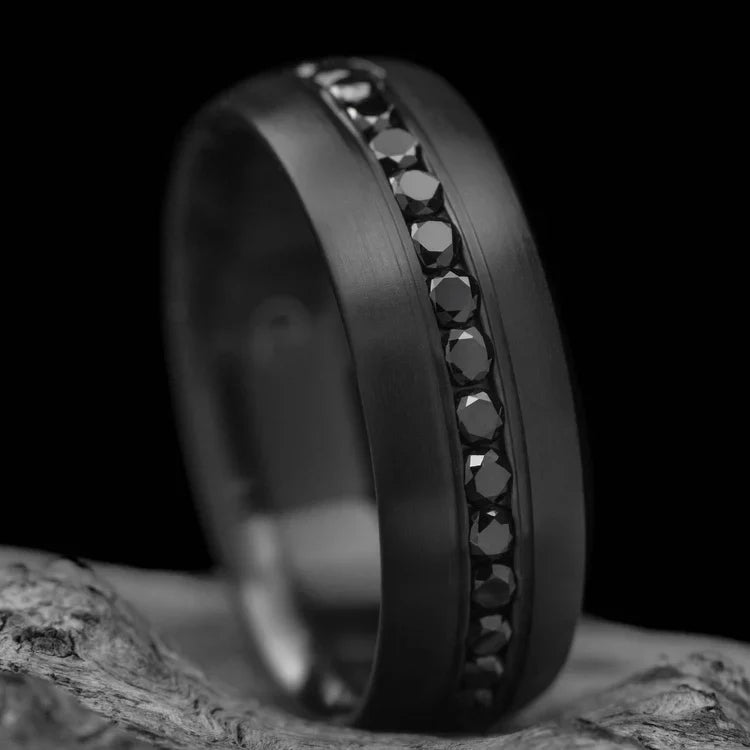 Zirconium wedding band with eternity set precious stones, 8mm mens ring, brushed domed profile, on white sea branch background, free engraving available.