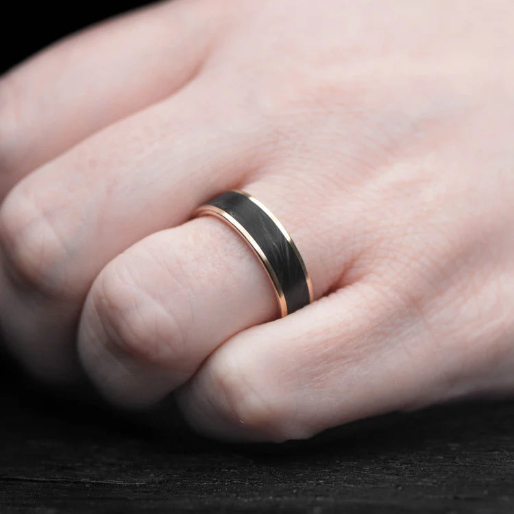 14K yellow gold mens wedding band with a central forged inlay, custom polished flat profile, 6mm width, free engraving, displayed on a white background