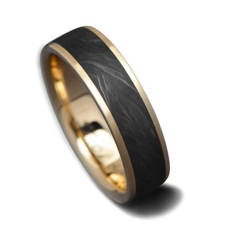 14K yellow gold mens wedding band with a central forged inlay, custom polished flat profile, 6mm width, free engraving, displayed on a white background