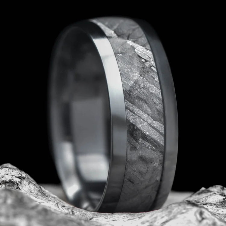 Black Titanium Ring with Solid Meteorite Central Inlay, 8mm Mens Wedding Band, Unique Design, Free Engraving, displayed on white sea branch.