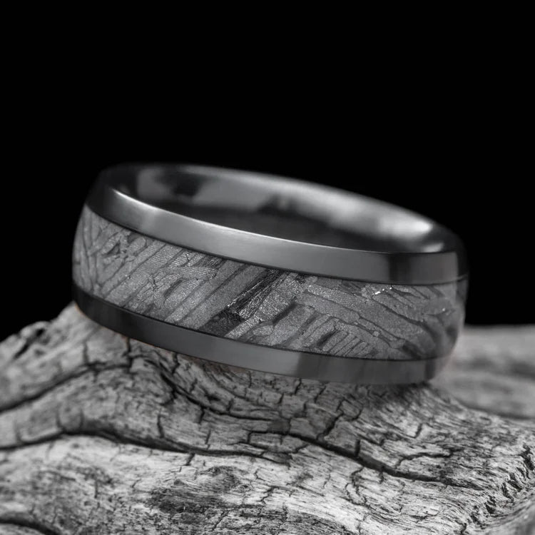 Black titanium ring with solid meteorite central inlay, 8mm mens wedding band, unique design, free engraving, displayed on a white sea branch.