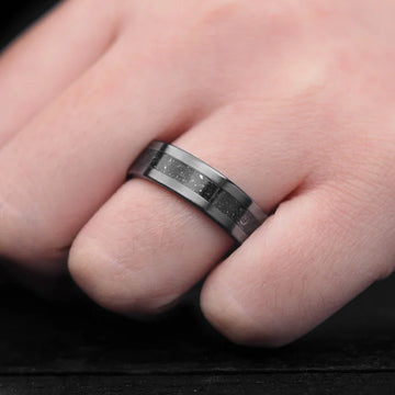 Black Titanium Men's Wedding Band with Meteorite and Sand Inlay