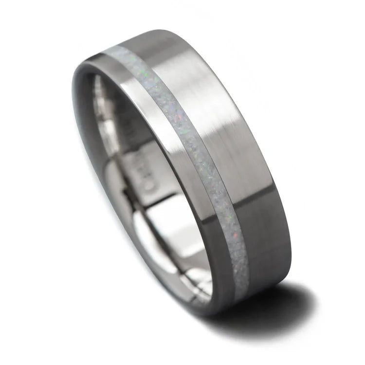 10KW mens wedding band with pearl inlay, 7mm brushed flat profile, custom ring on white background, free engraving option available