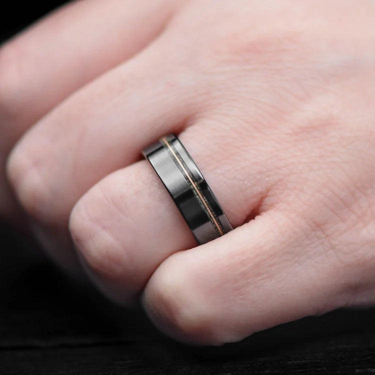 Mens wedding band on hand, Black Titanium Ring with Moss Agate and Guitar String Inlay, Deer Antler Inner Sleeve, 7mm, unique design, free engraving available.