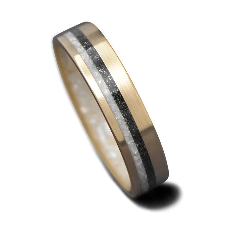 14K Yellow Gold Wedding Band with Pearl and Meteorite Inlays, Brushed Flat Profile, 5mm, Custom Simple Ring, Unique Wedding Band, Free Engraving Option, Elegant Design on White Background