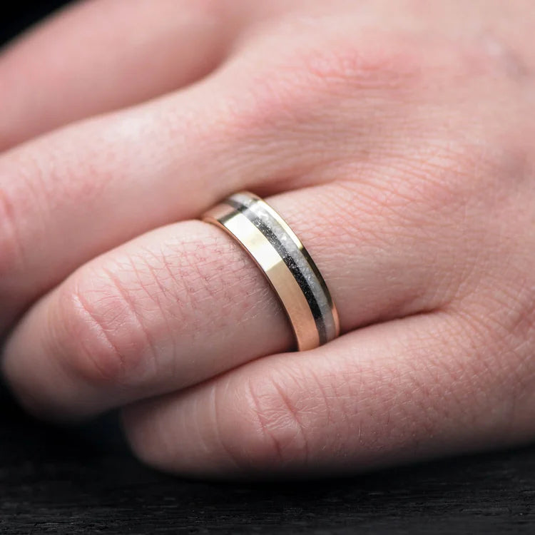 14K Yellow Gold Wedding Band with Pearl and Meteorite Inlays, Bloodwood Inner Sleeve, 7mm Mens Ring on Hand, Unique Mens Wedding Ring with Free Engraving