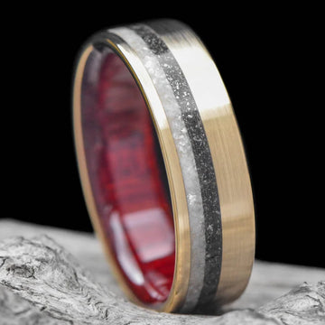 14K Yellow Gold Wedding Band with Pearl, Meteorite, and Bloodwood