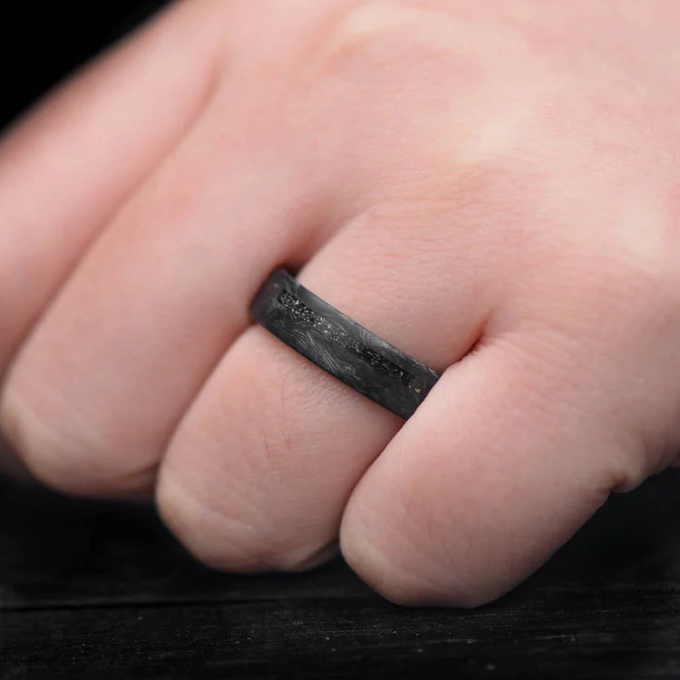 Mens 6mm forged wedding band with meteorite and turquoise inlay, unique brushed flat profile, free engraving, displayed on a white background.