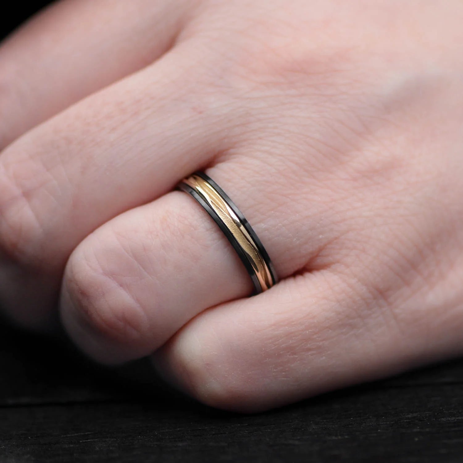 Black Titanium Ring with 18KY Wave Central Inlay on White Sea Branch - Men's 4mm Polished Domed Profile Wedding Band with Free Engraving