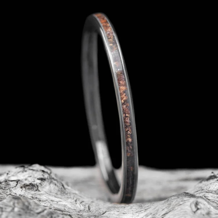 Black Titanium Wedding Band with Crushed T-Rex Inlay on White Sea Branch, 2mm Womens Custom Ring, Unique Wedding Band, Free Engraving Available