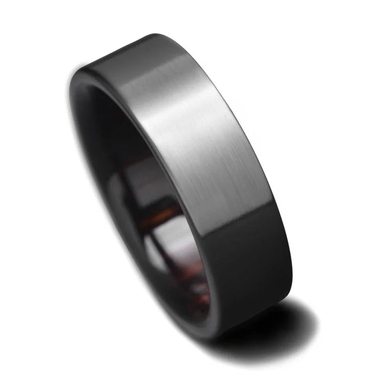 Black Titanium Wedding Band with Koa Wood Inner Sleeve, Mens Matte Flat Profile Ring, 7mm, Unique Mens Wedding Band, Free Engraving, displayed on a white background.
