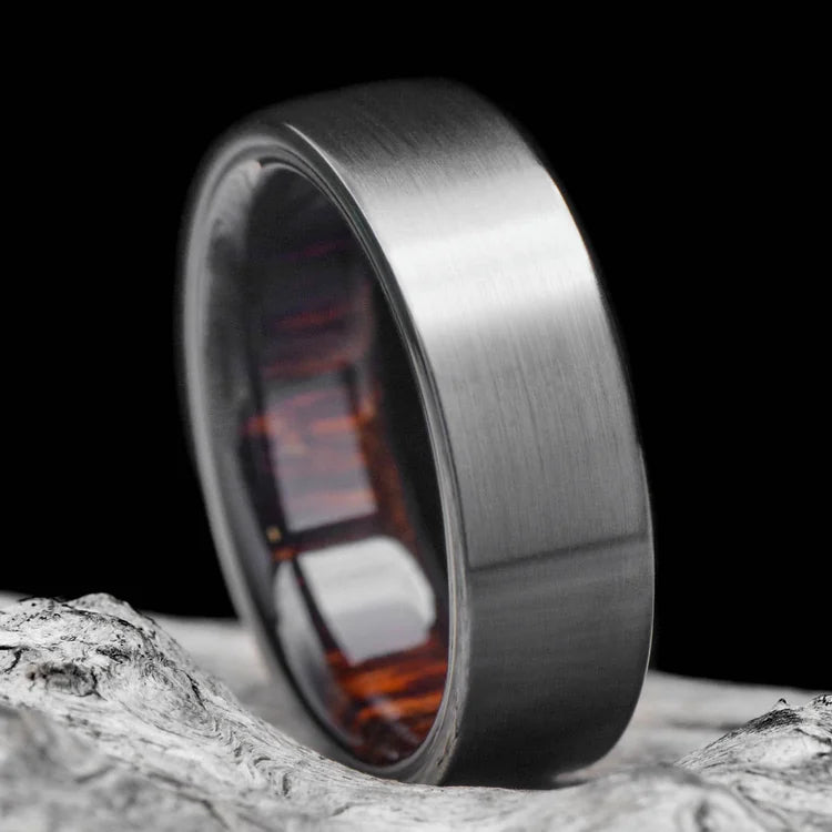 Black Titanium Wedding Band with Koa Wood Inner Sleeve on White Sand Beach, 7mm Mens Matte Flat Profile Ring, Unique Mens Wedding Band, Free Engraving Available