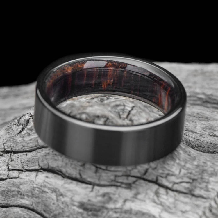 Black Titanium Wedding Band with Koa Wood Inner Sleeve, 7mm Mens Matte Flat Profile Ring, Unique Mens Wedding Band on White Sea Branch, Free Engraving Available