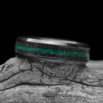 Black Titanium Men's Wedding Band with Meteorite & Malachite