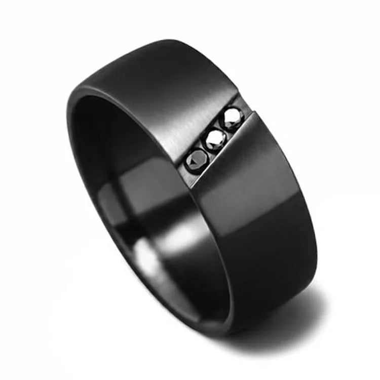 Black Titanium Wedding Band with Flush Set Diamond, 9mm Mens Wedding Ring, Brushed Flat Profile, Unique Design, Free Engraving Available, on White Background