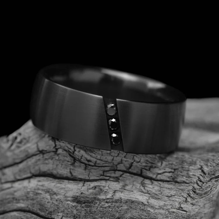 Black Titanium Wedding Band with Flush Set Diamond on White Sea Branch, 9mm Mens Wedding Ring, Brushed Flat Profile, Unique Design, Free Engraving Available
