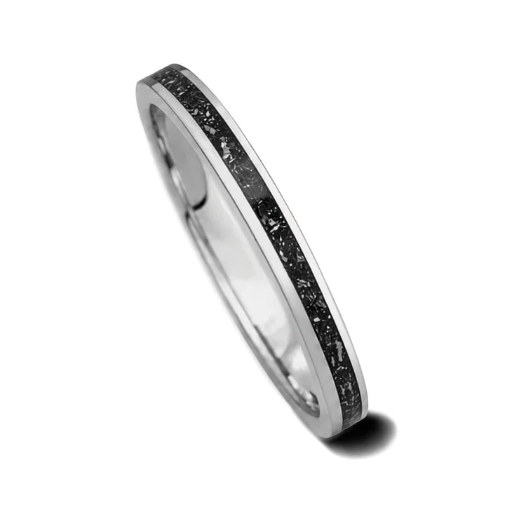 14KW womens wedding band with central meteorite inlay, flat brushed custom ring, 2mm width, free engraving, displayed on a white background