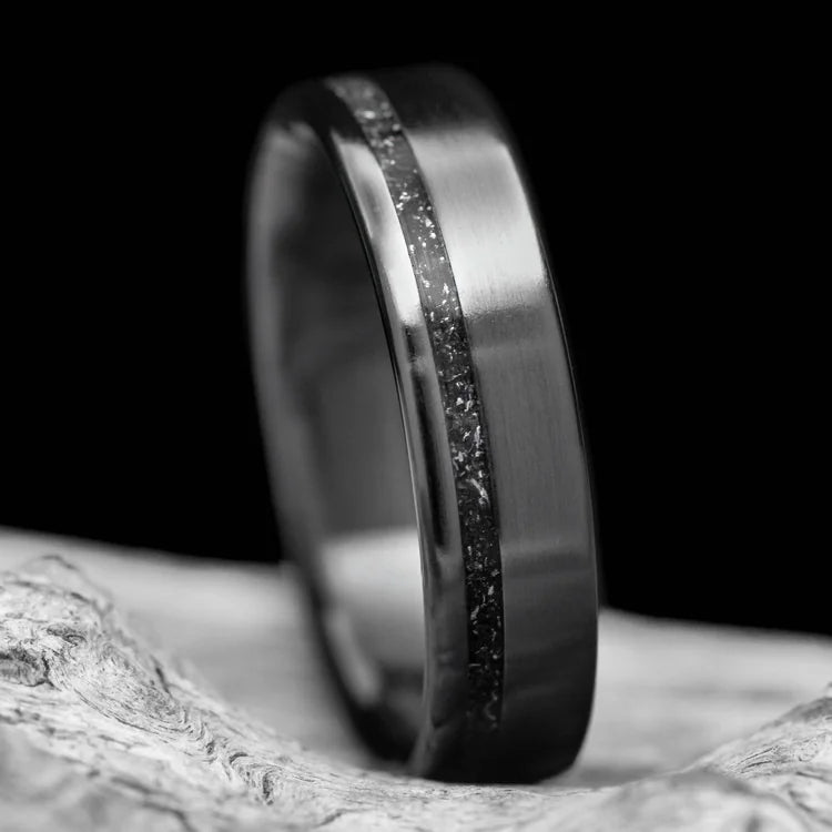 Black titanium wedding band with meteorite inlay on white sea branch, 5mm custom flat brushed ring, unique simple design, free engraving available.