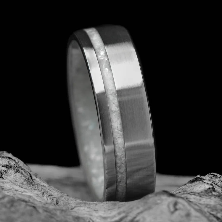 14KW wedding band with pearl inlay and brushed flat profile, 6mm mens ring on white sea branch, unique pearl mens wedding band, free engraving option