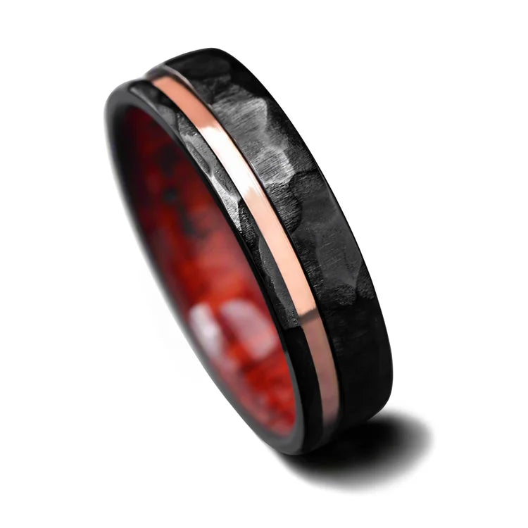 Mens wedding band, Black Titanium with 14K Rose Gold inlay and Bloodwood inner sleeve, faceted flat profile, 7mm, on white background, free engraving available