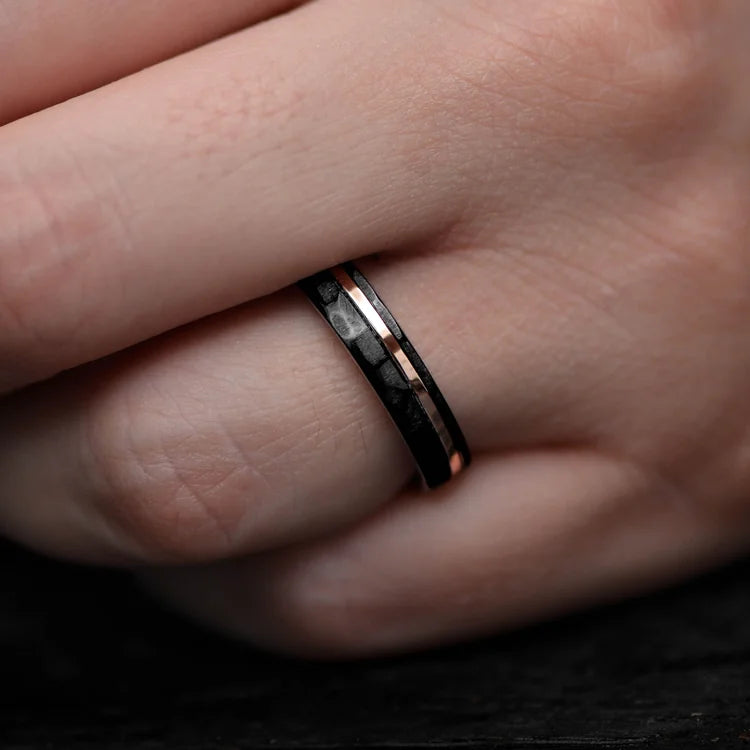 Black Titanium Wedding Band with 14K Rose Gold and Bloodwood Inlay on Hand, 4mm Custom Faceted Flat Ring, Simple Custom Wedding Band, Free Engraving Available