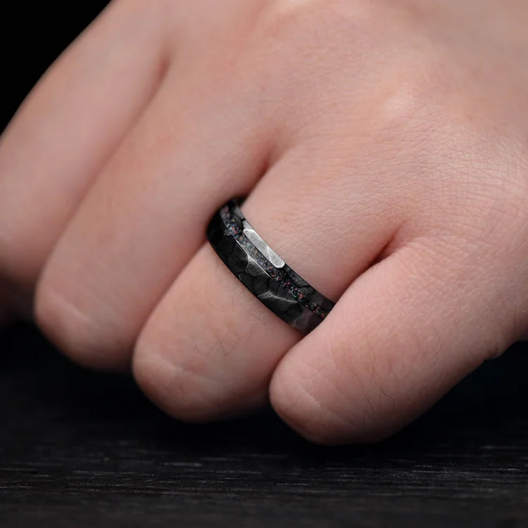 Mens wedding band on hand, black titanium ring with black fire opal inlay, 6mm faceted domed profile, unique mens ring, free engraving available.