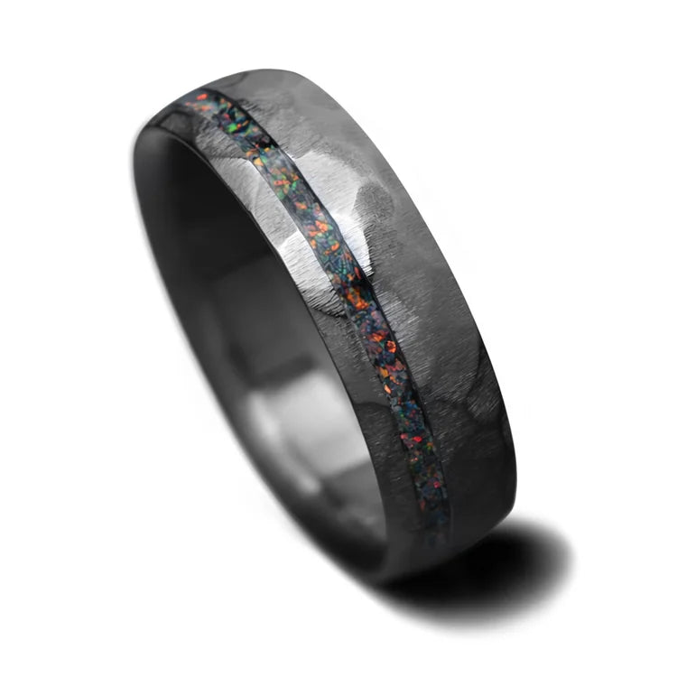 Mens 6mm Black Titanium Ring with Black Fire Opal Inlay, Faceted Domed Profile, Unique Wedding Band, Free Engraving Available, Elegant Mens Jewelry on White Background
