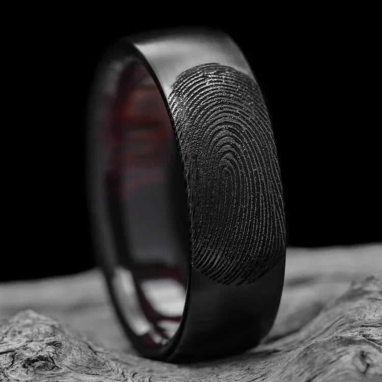 Black Titanium Wedding Band with Brushed Finish and Koa Wood Inner Sleeve, 7mm Mens Ring on White Sea Branch, Unique Mens Wedding Ring with Free Engraving Option.