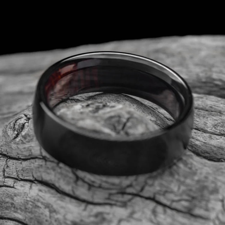 Black Titanium Wedding Band with Brushed Finish and Koa Inner Sleeve on White Sea Branch, 7mm Unique Mens Wedding Ring with Free Engraving