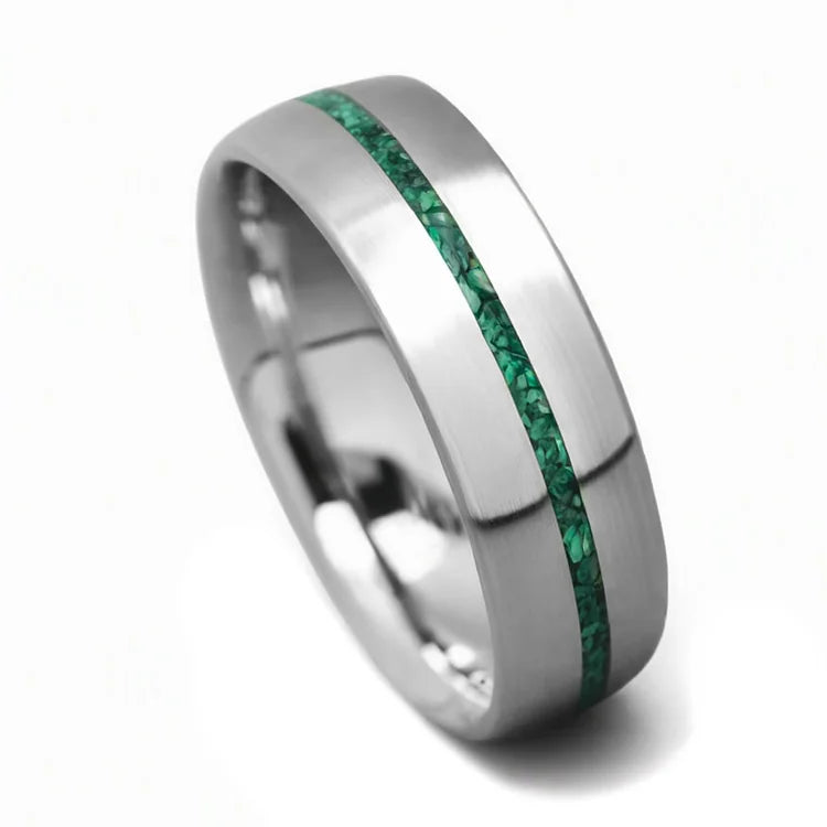Mens 10KW wedding band with malachite inlay, brushed domed profile, 6mm width, unique custom ring on white background, free engraving available
