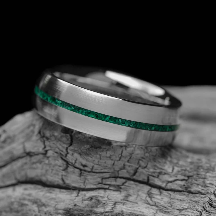 Mens 10KW wedding band with malachite inlay, brushed domed profile, 6mm width, unique custom ring on white background, free engraving available