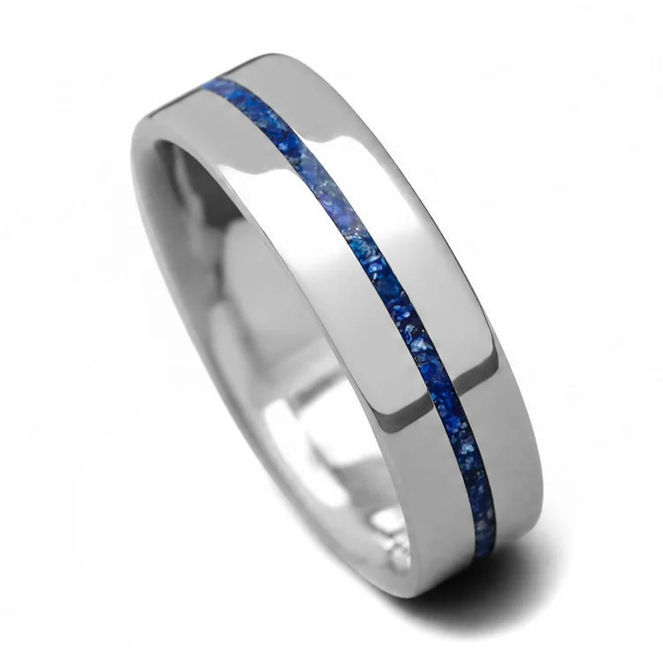Titanium wedding band with central lapis lazuli inlay, 6mm mens ring, polished flat profile, unique design, free engraving option, displayed on a white background.