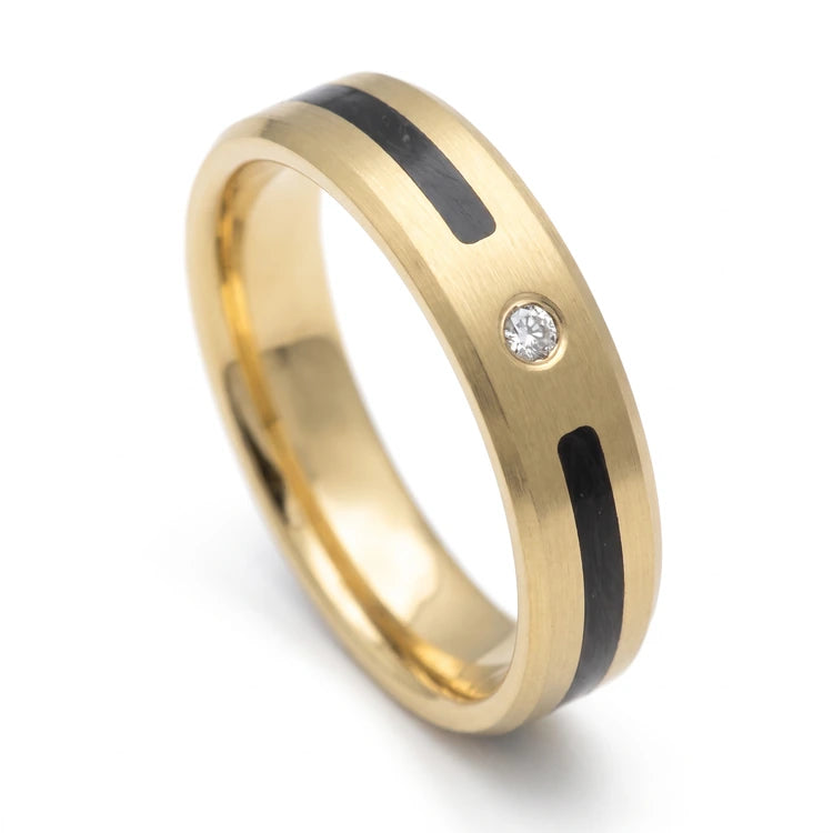 10K yellow gold mens wedding band with a unidirectional central inlay, brushed finish and beveled edges, 6 mm wide, on a white background