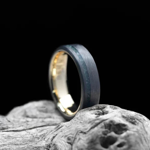 Unidirectional Wedding Band with Moss Agate and 14KY Inner Sleeve, Men's 6mm Polished Flat Profile Ring on White Sea Branch, Free Engraving