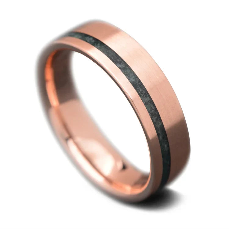 14K Rose Gold Wedding Band with Moss Agate Inlay, 6mm Mens Ring, Brushed Flat Profile, Unique Custom Design, Free Engraving Available, Elegant and Modern, Perfect for Weddings, High-Quality Craftsmanship, White Background