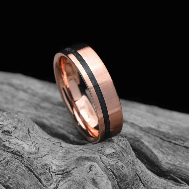 14K Rose Gold Wedding Band with Moss Agate Inlay on White Sea Branch - Mens 6mm Brushed Flat Profile Ring with Free Engraving, Unique Custom Design