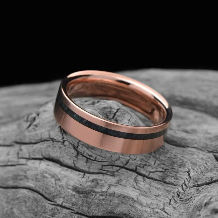 14K Rose Gold Wedding Band with Moss Agate Inlay, Mens 6mm Brushed Flat Profile, Unique Custom Ring on White Sea Branch, Free Engraving Available