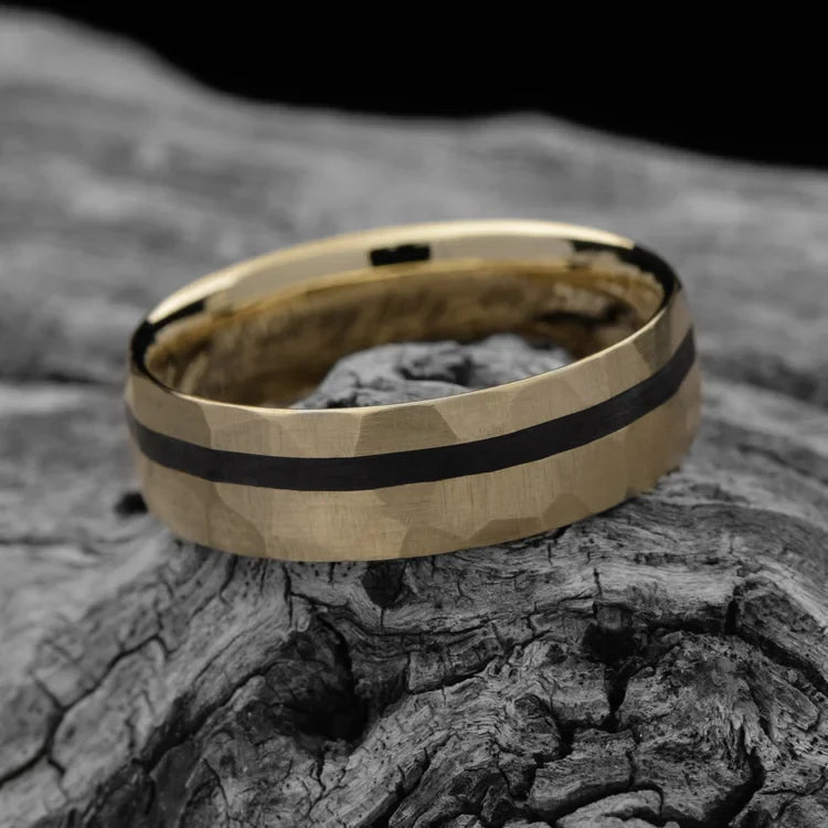 18KY Gold Wedding Band with Unidirectional Inlay on White Sea Branch | FREE ENGRAVING | 7mm Faceted Domed Men's Ring | Custom Men's Wedding Band