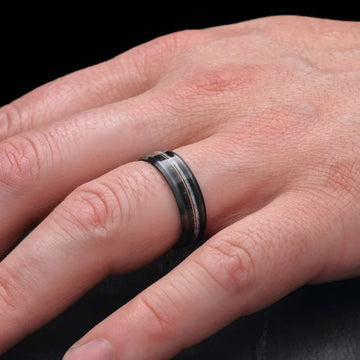 Black Titanium Wedding Band with Pearl, Black Onyx, and Forged