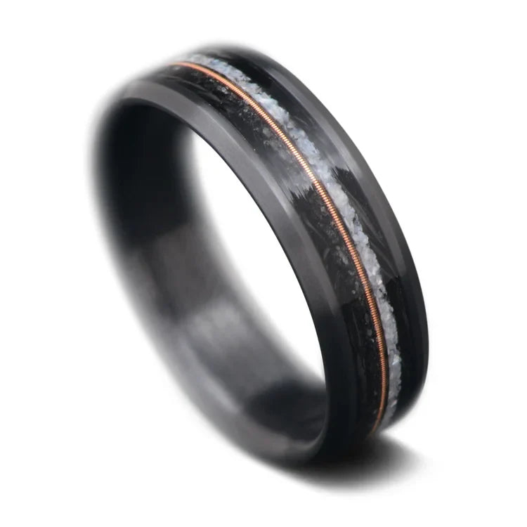 Black Titanium Wedding Band with Pearl & Black Onyx Inlays, 7mm Men's Wedding Ring, Beveled Profile, Polished Finish, Free Engraving, on White Background