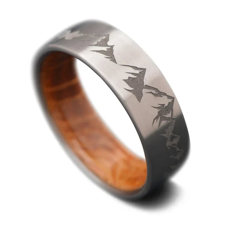 Titanium Wedding Band with Whiskey Barrel Oak Inner Sleeve, 7mm Men's Ring, Brushed Flat Profile, Free Engraving