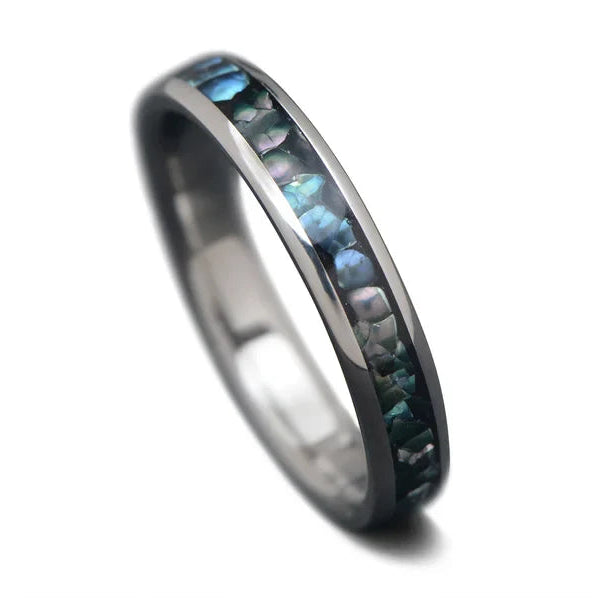 Titanium Wedding Band with Black Pearl Central Inlay, 4mm Polished Domed Custom Ring, Unique Wedding Band on White Background, Free Engraving Available, 8184
