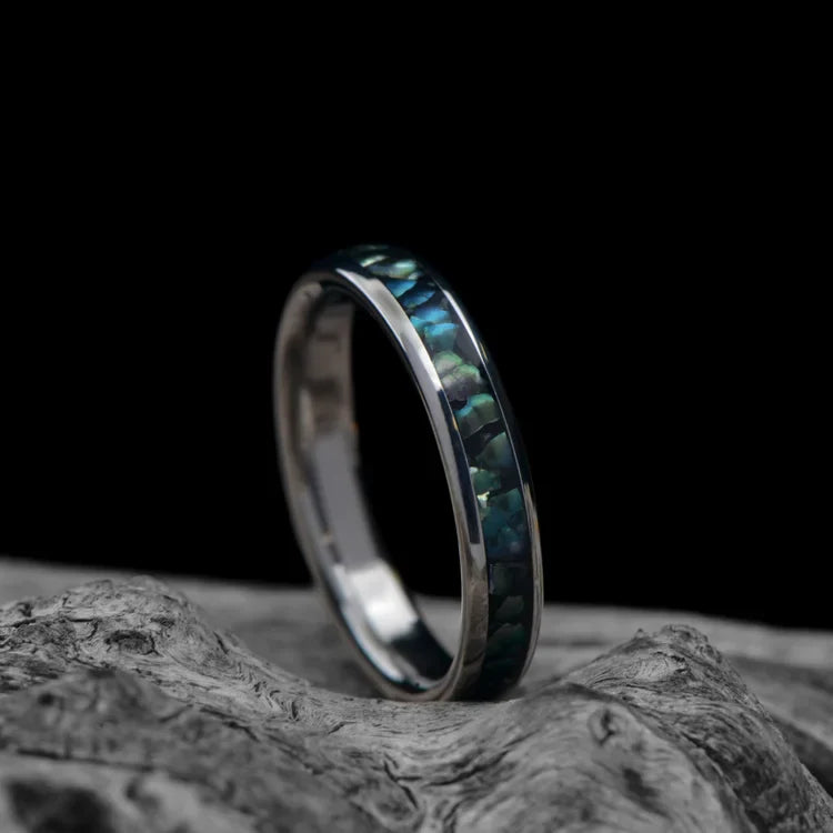 Titanium Wedding Band with Black Pearl Central Inlay on white sea branch - 4mm Polished Domed Custom Ring with FREE ENGRAVING - Unique Wedding Band