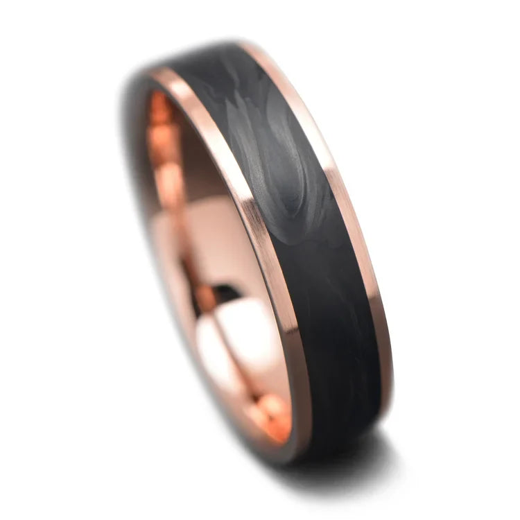 14KR men's wedding band with central forged inlay and brushed finish, 6mm, custom men's ring, free engraving, on white background