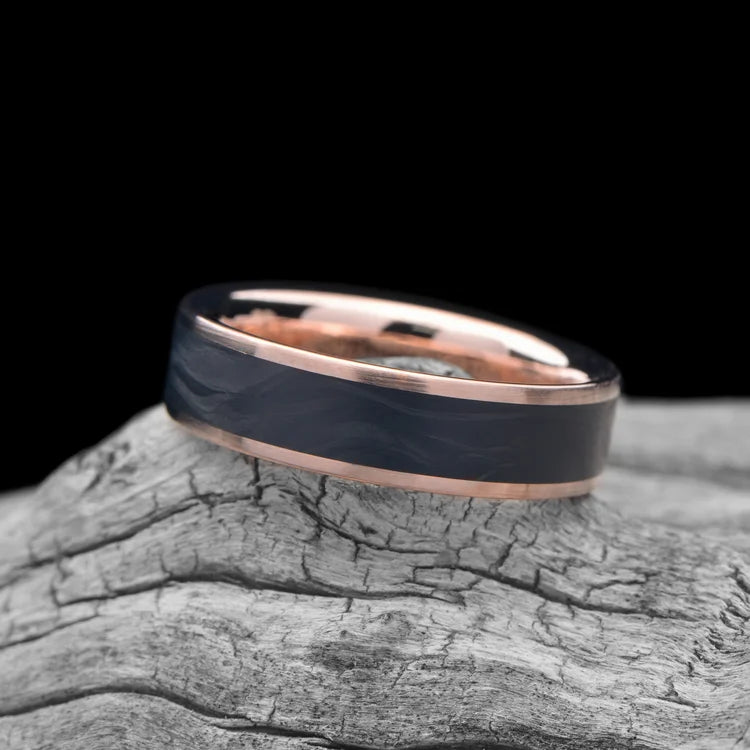 14KR Men's Wedding Band with Central Forged Inlay and Brushed Finish on White Sea Branch | Custom 6mm Ring with Free Engraving