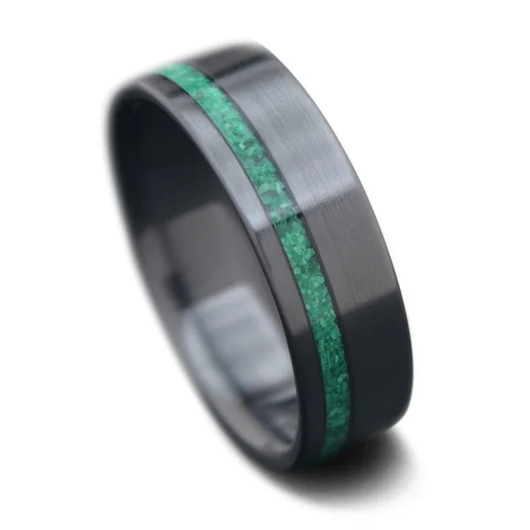 Zirconium wedding band with malachite inlay, 7mm men's ring with brushed flat profile, unique design, free engraving option, displayed on a white background.